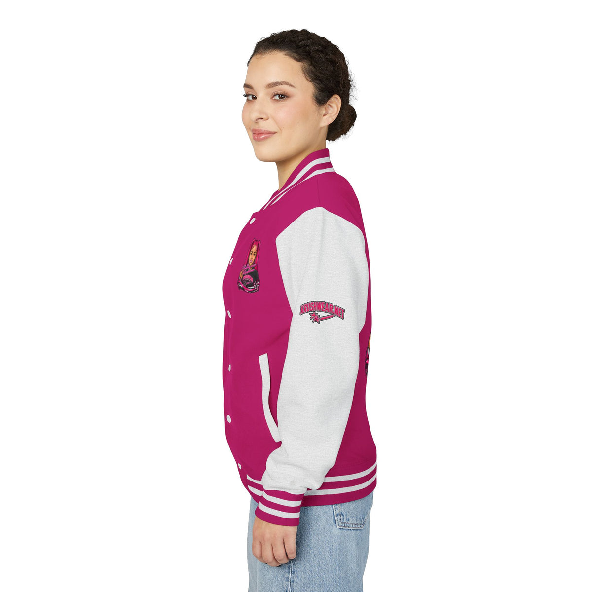 Pink Varsity Jacket with Redhead Girl Illustration