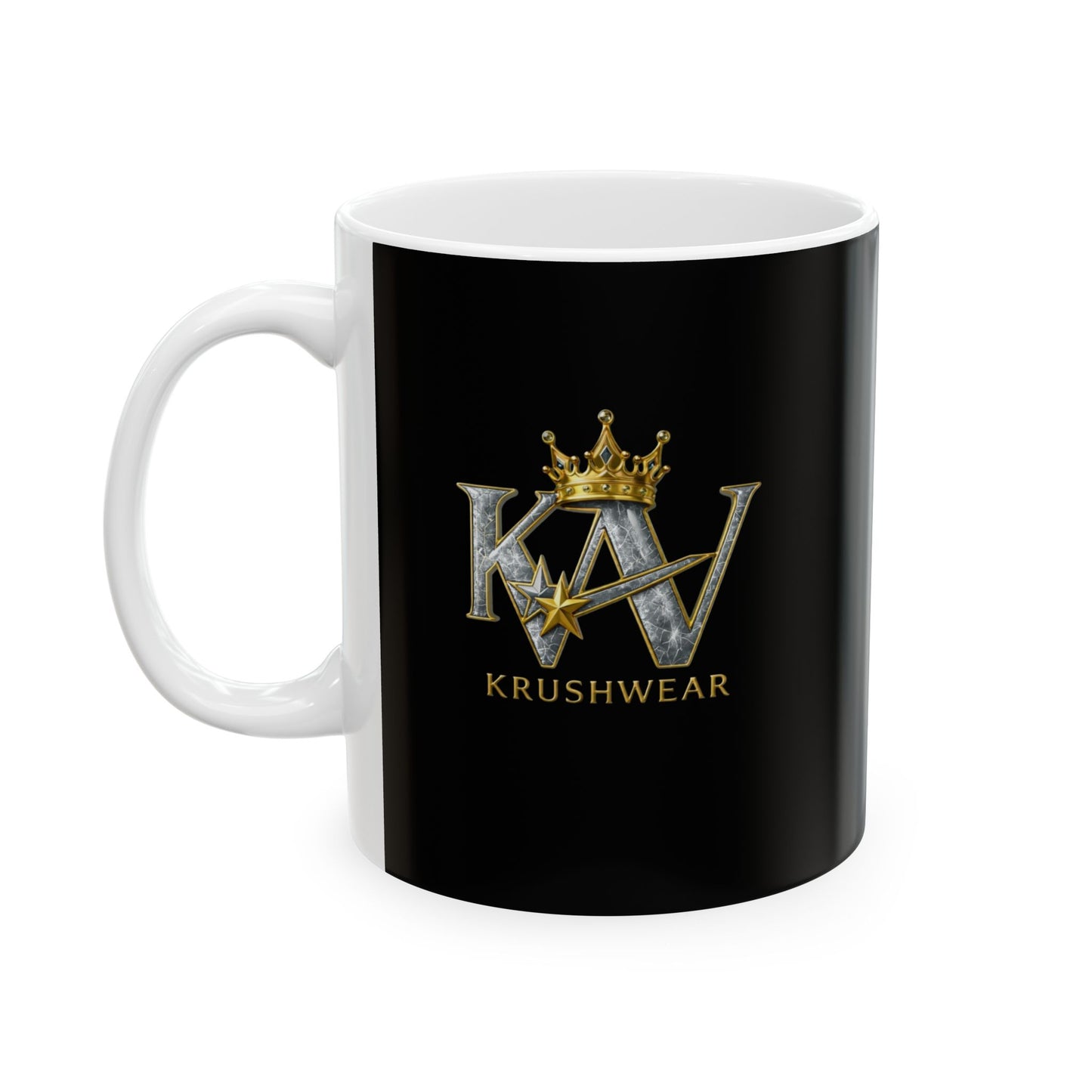 Krushwear Logo Ceramic Mug — Gold Crown K/W Monogram Coffee Cup (11oz & 15oz)