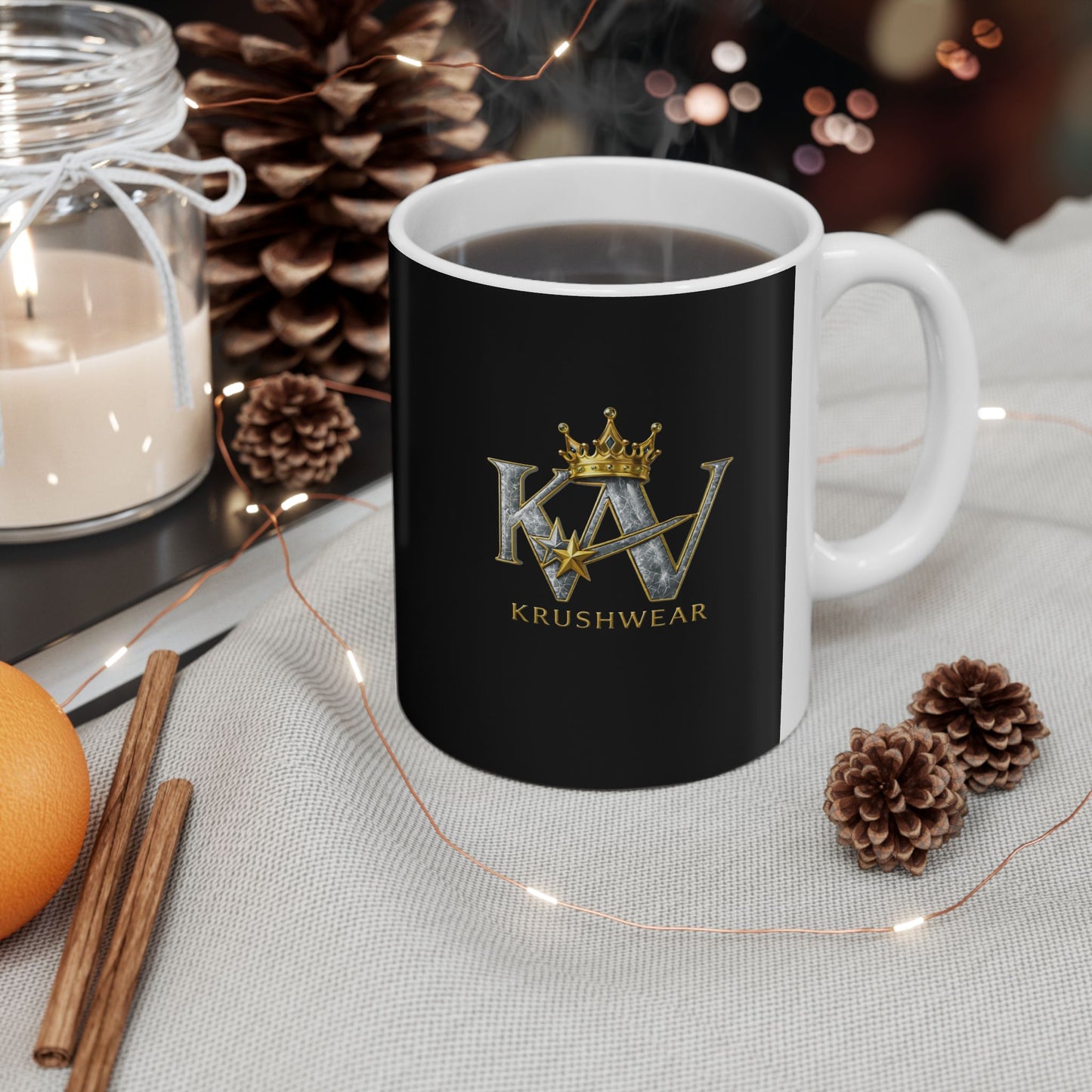 Krushwear Logo Ceramic Mug — Gold Crown K/W Monogram Coffee Cup (11oz & 15oz)