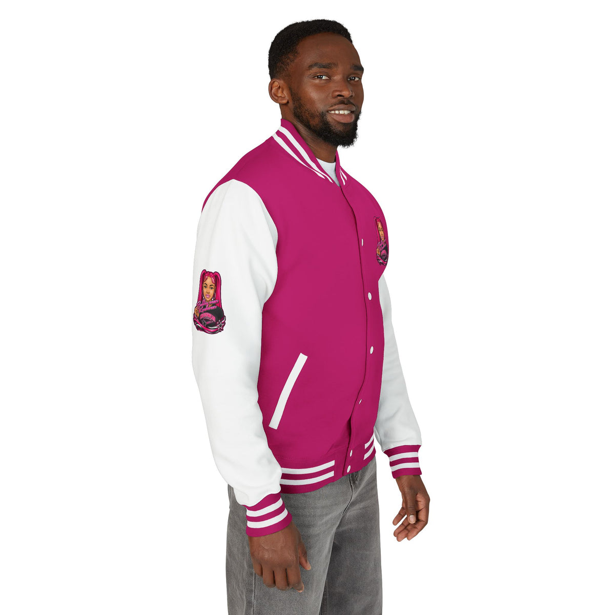 Pink Varsity Jacket with Redhead Girl Illustration