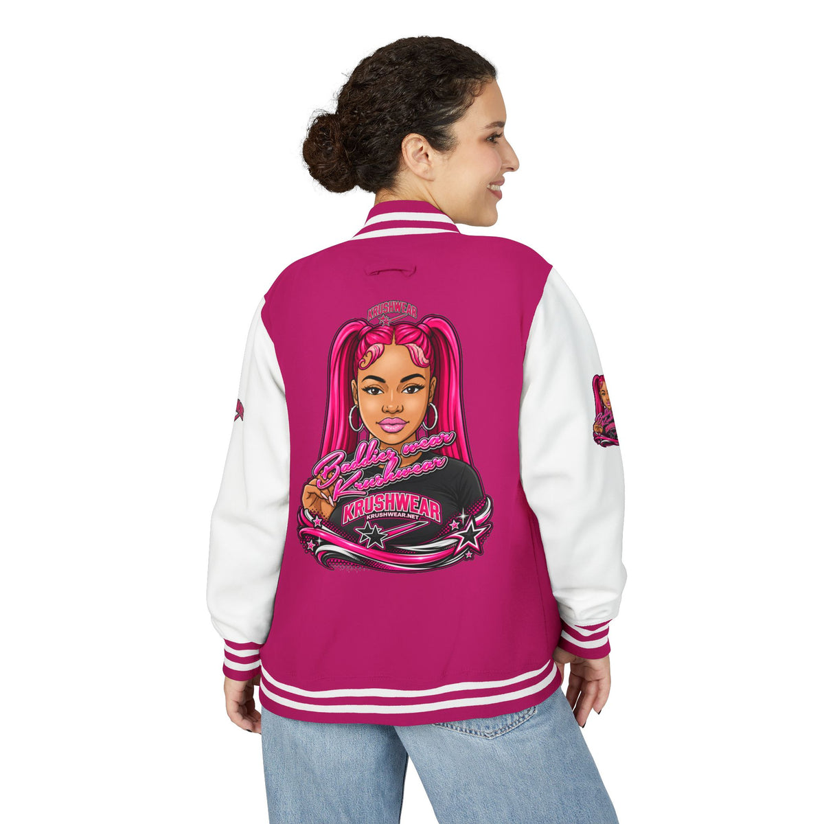 Pink Varsity Jacket with Redhead Girl Illustration