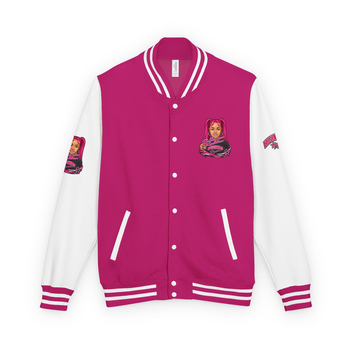 Pink Varsity Jacket with Redhead Girl Illustration