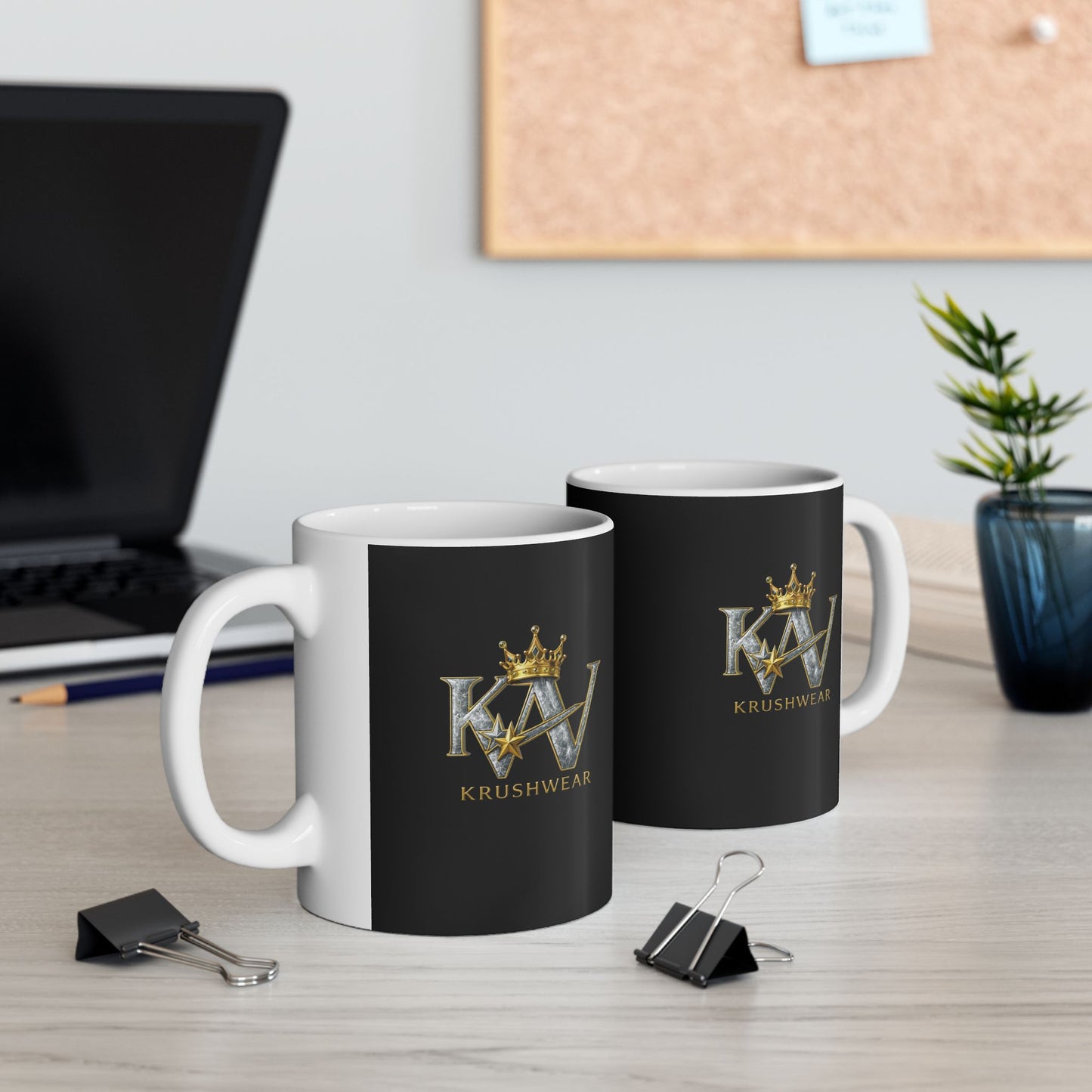 Krushwear Logo Ceramic Mug — Gold Crown K/W Monogram Coffee Cup (11oz & 15oz)