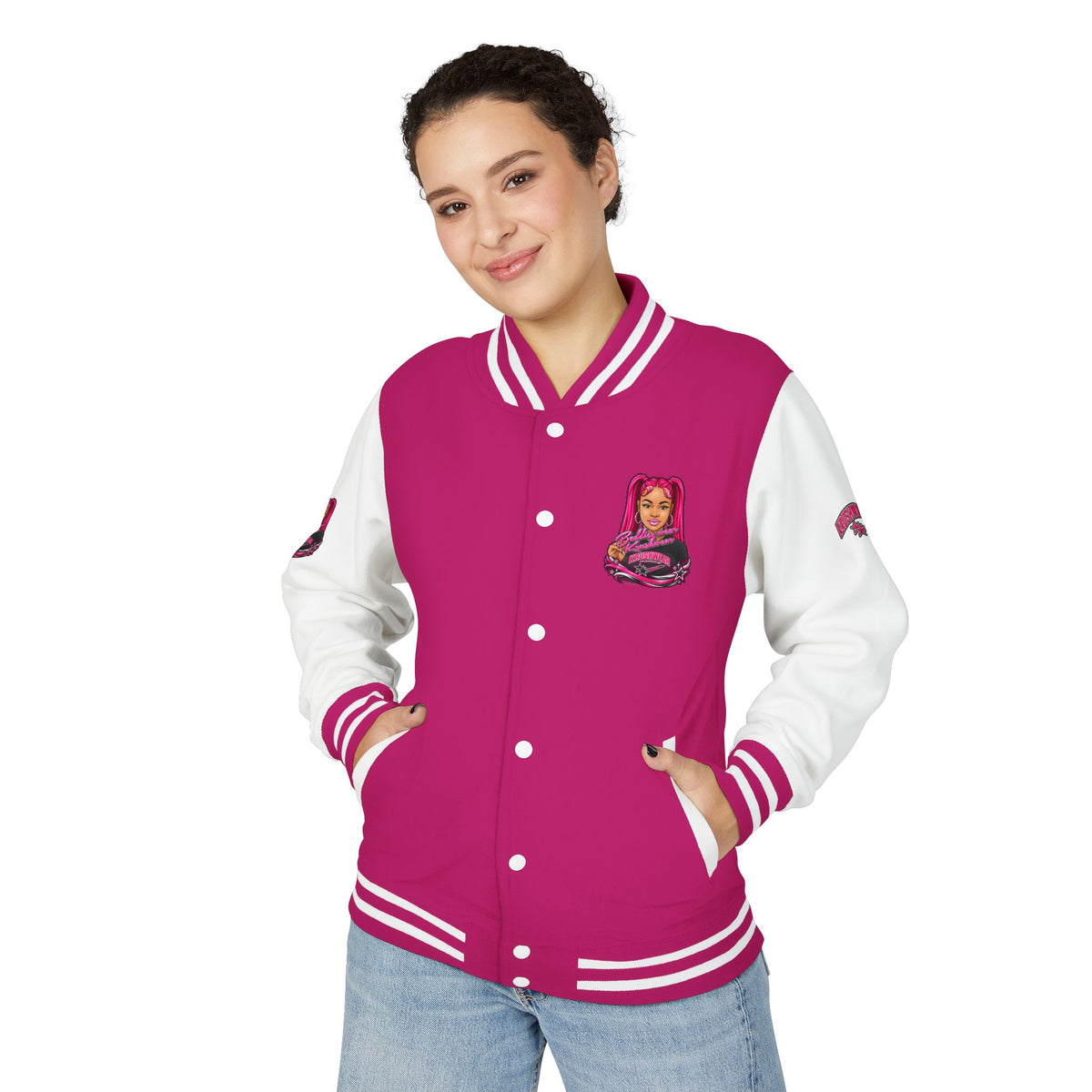 Pink Varsity Jacket with Redhead Girl Illustration