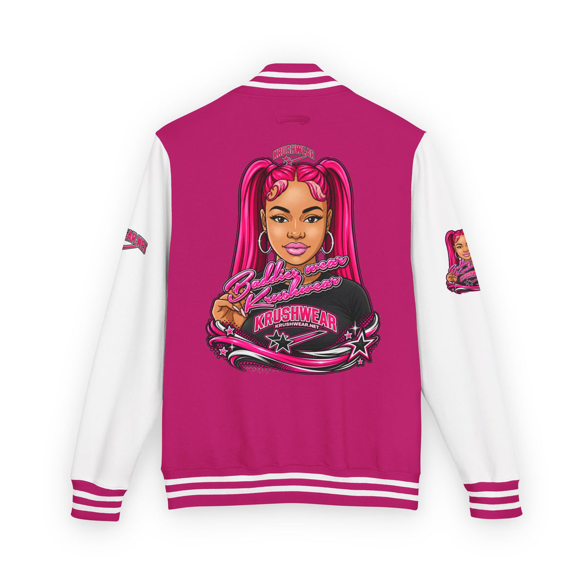 Pink Varsity Jacket with Redhead Girl Illustration