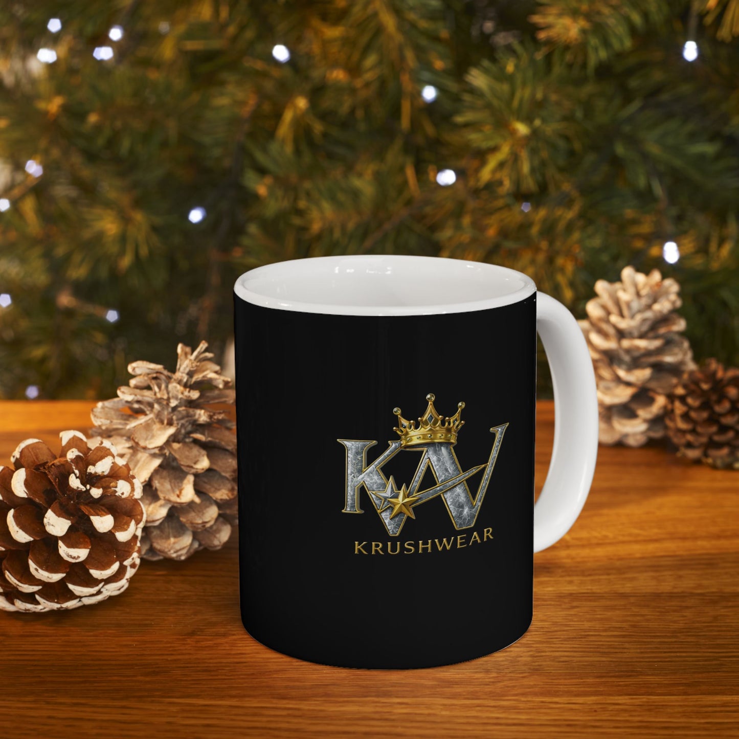 Krushwear Logo Ceramic Mug — Gold Crown K/W Monogram Coffee Cup (11oz & 15oz)